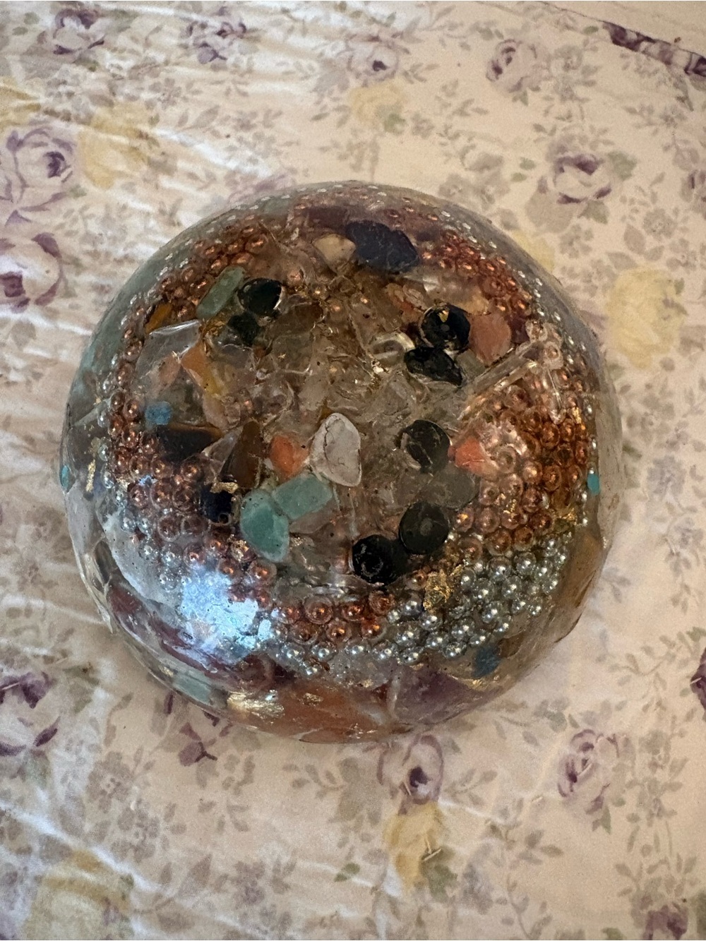 Handmade Organite Dome. Copper/ Silver Tones, clear resin , and many crystals
